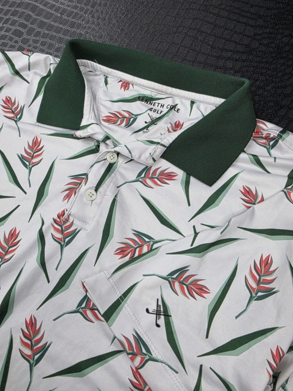 Kenneth Cole Golf Polo Floral Tropical Print White Green Size Large